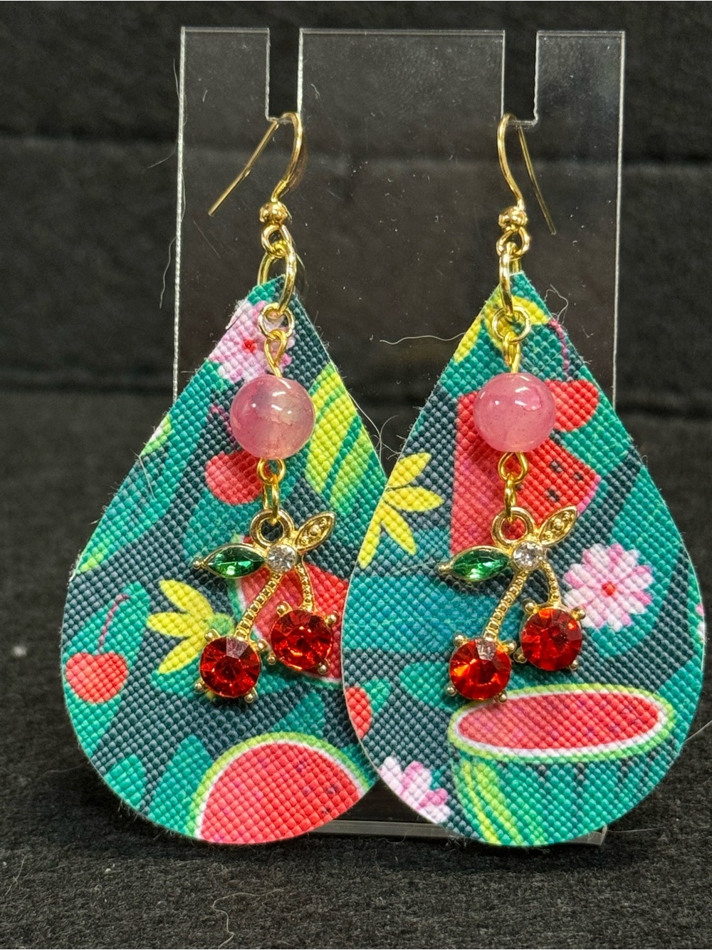 Watermelon Faux Leather Earrings with Cherry Charms